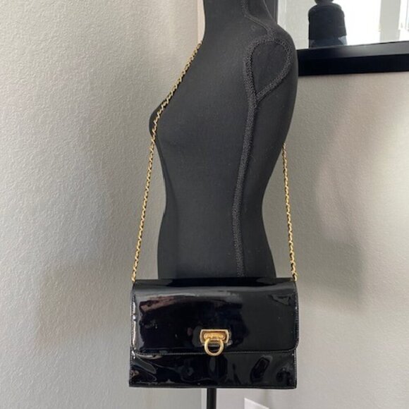 VINTAGE Giani Bernini Black Patent Faux Leather Crossbody Handbag Purse - Picture 2 of 16